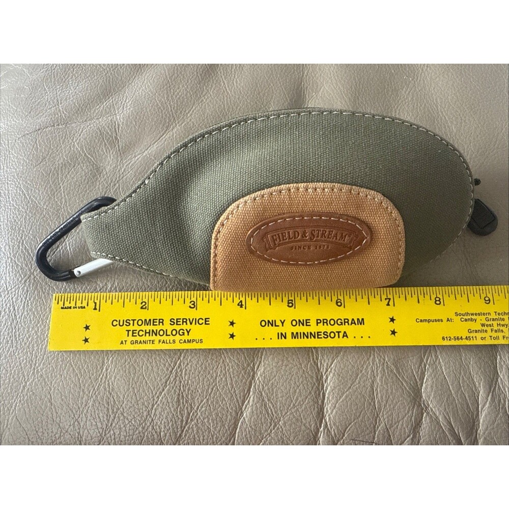 Field & Stream Tan Green Canvas Leather Clamshell case double zip Eye Glass Case